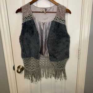 BKE Gray Faux Fur & Crochet Fringe Women's Vest